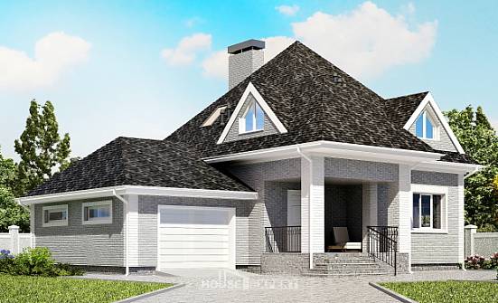 135-001-Л Проект двухэтажного дома с мансардным этажом, гараж, небольшой домик из кирпича Ялуторовск | Проекты домов от House Expert