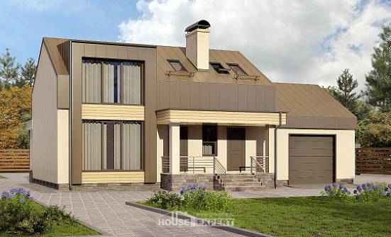 150-015-Л Проект двухэтажного дома с мансардой и гаражом, скромный дом из газобетона Заводоуковск | Проекты домов от House Expert